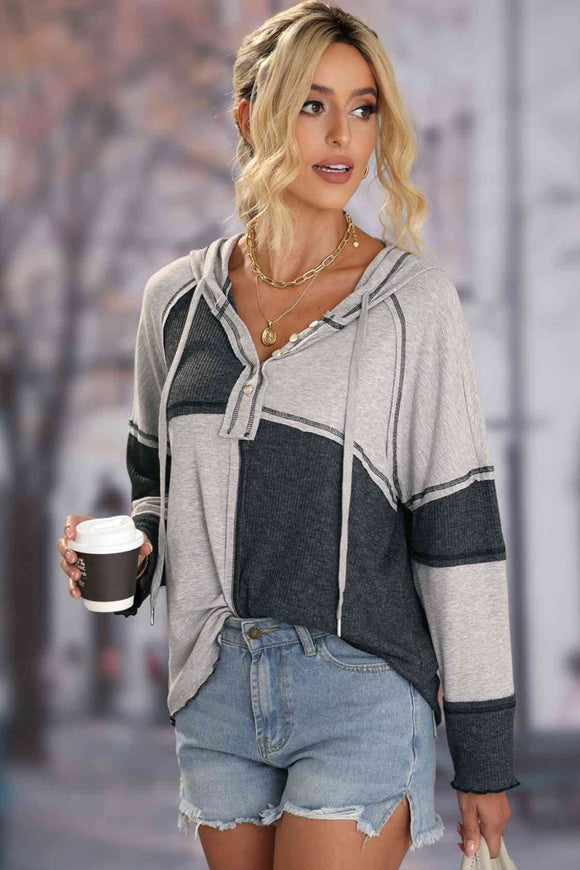 Exposed Seam Color Block Hoodie with Drawstring