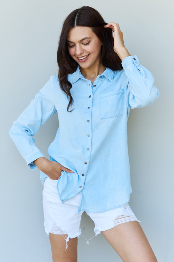 Doublju Blue Jean Baby Denim Button Down Shirt Top in Light Blue *Online Exclusive*