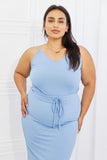 Capella Flatter Me Full Size Ribbed Front Tie Midi Dress in Pastel Blue *Online exclusive*